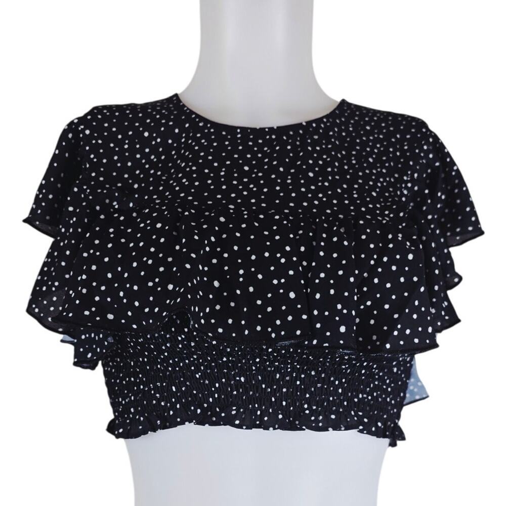 Blue Life Black Poka Dot Crop Ruffle Women Blouse Size S